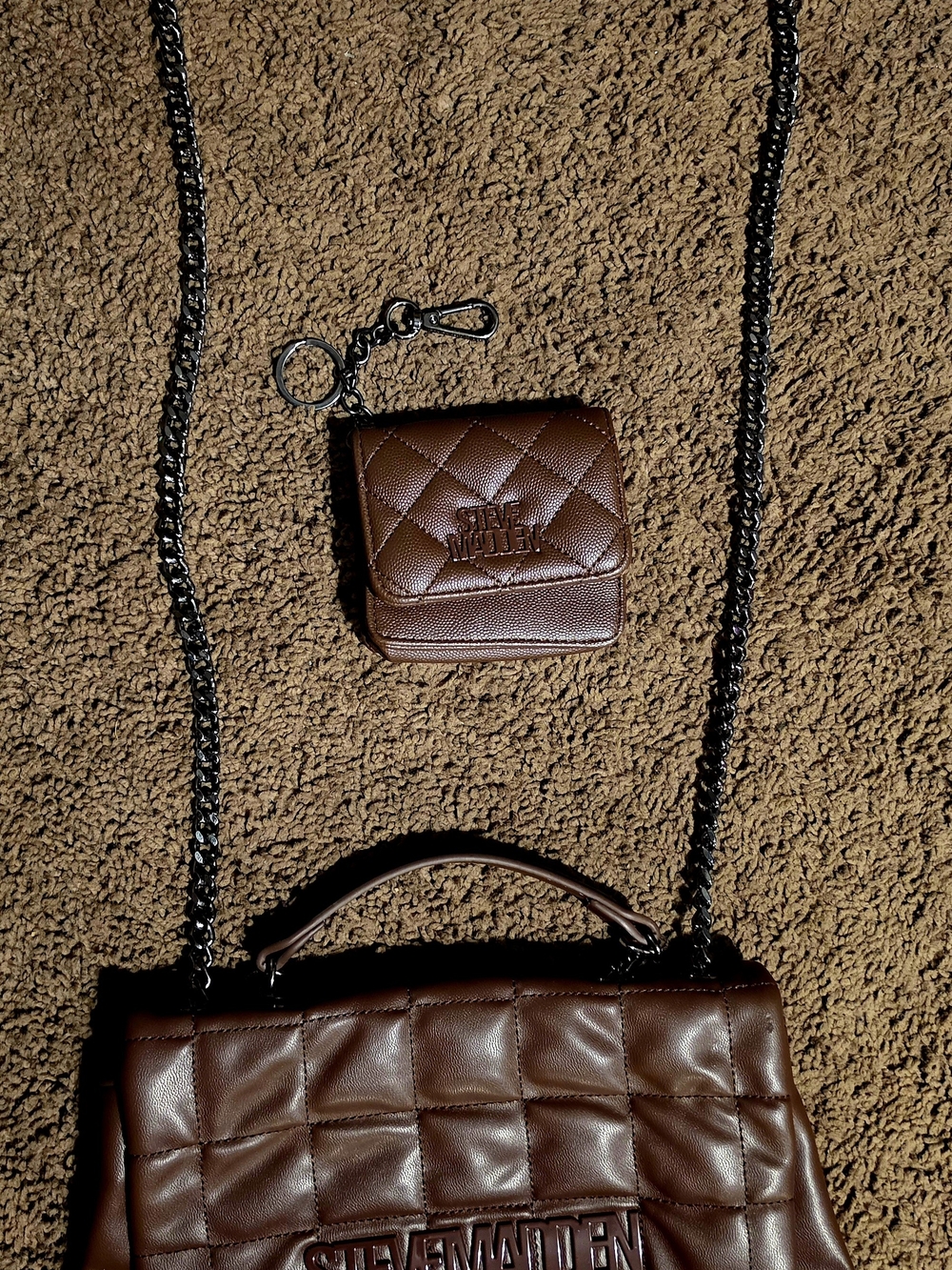 Steve Madden Brown Quilted Crossbody Bag with Matching Key Pouch